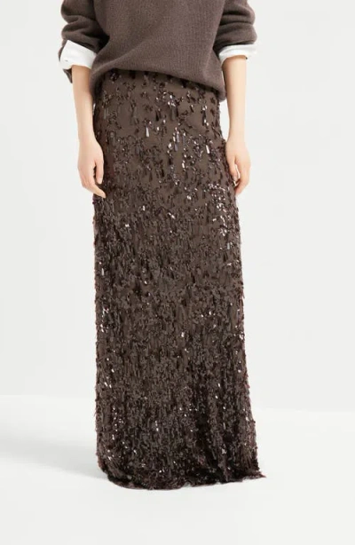 Brunello Cucinelli Sequined Crispy Silk Chiffon Maxi Skirt In Brown