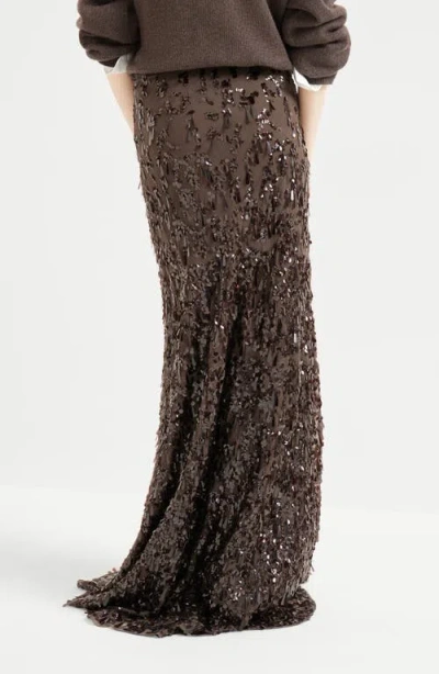 Brunello Cucinelli Sequined Crispy Silk Chiffon Maxi Skirt In Brown