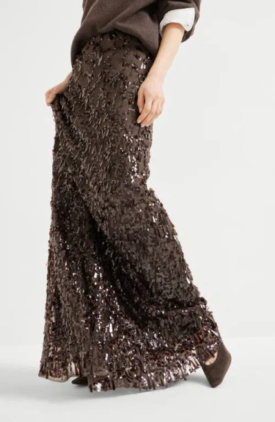 Brunello Cucinelli Sequined Crispy Silk Chiffon Maxi Skirt In Brown