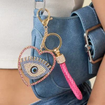 Jessica Simpson Evil Eye Heart Keychain With Pink Strap In Multi