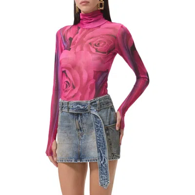 Afrm Zadie Print Turtleneck Mesh Top In Pink