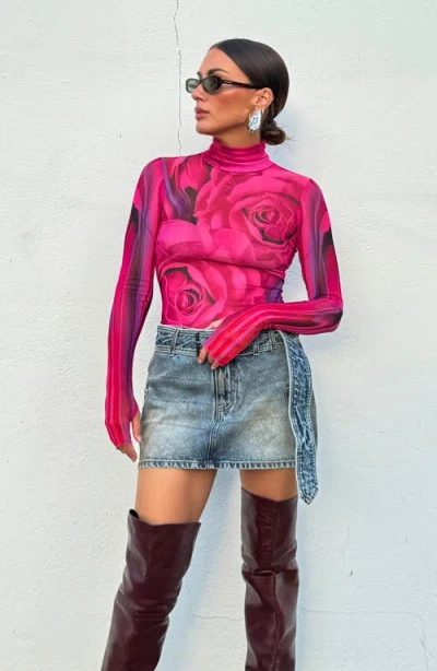 Afrm Zadie Print Turtleneck Mesh Top In Pink