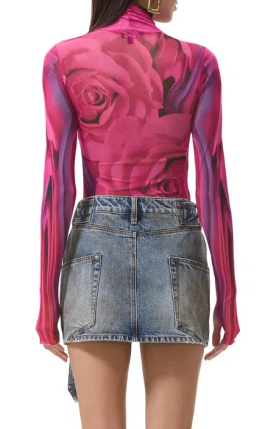 Afrm Zadie Print Turtleneck Mesh Top In Pink