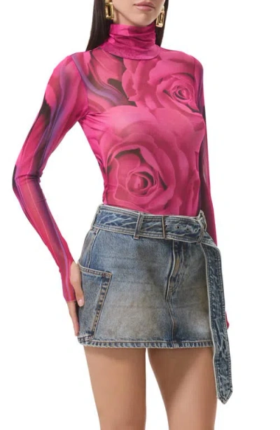 Afrm Zadie Print Turtleneck Mesh Top In Pink