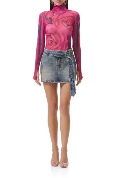 Afrm Zadie Print Turtleneck Mesh Top In Pink