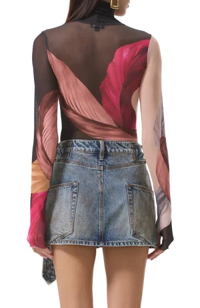 Afrm Zadie Print Turtleneck Mesh Top In Pink