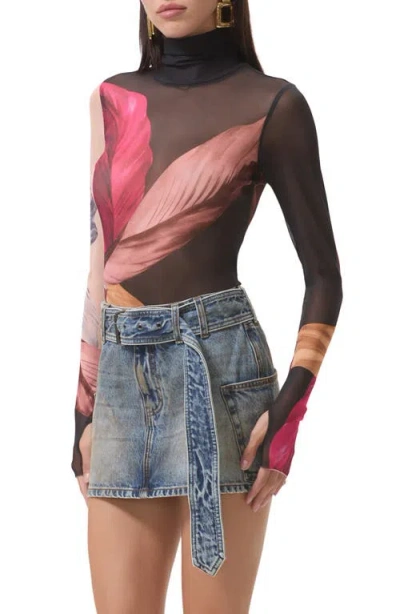 Afrm Zadie Print Turtleneck Mesh Top In Pink