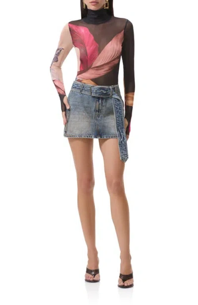 Afrm Zadie Print Turtleneck Mesh Top In Pink