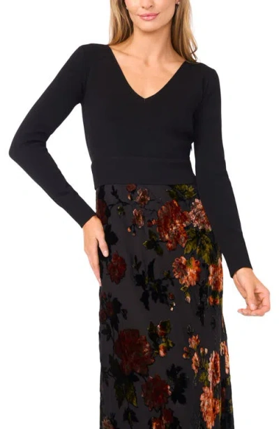Ted Baker Mixed Media Long Sleeve Midi Dress In Black