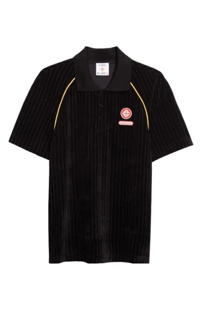 Casablanca Ribbed Collar Corduroy Polo Shirt With Short Sleeves In Black
