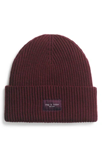 Rag & Bone Blake Logo Patch Wool Blend Rib Beanie In Burgundy