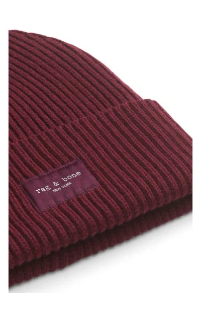 Rag & Bone Blake Logo Patch Wool Blend Rib Beanie In Burgundy