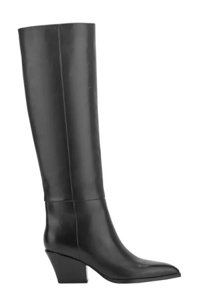 Marc Fisher Ltd Tarrie Stacked Heel Leather Knee-high Boots In Black