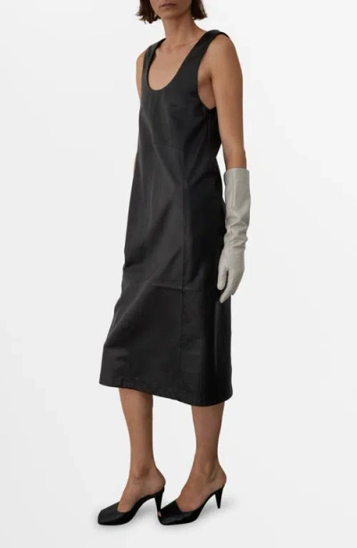 Mango 100% Leather Midi-dress Black In Black