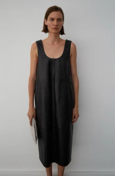 Mango 100% Leather Midi-dress Black In Black