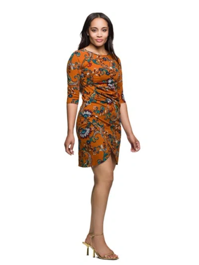24seven Comfort Apparel Women's Elbow Sleeve Ruched Tulip Fall Print Mini Dress In Orange