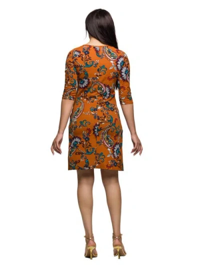 24seven Comfort Apparel Women's Elbow Sleeve Ruched Tulip Fall Print Mini Dress In Orange