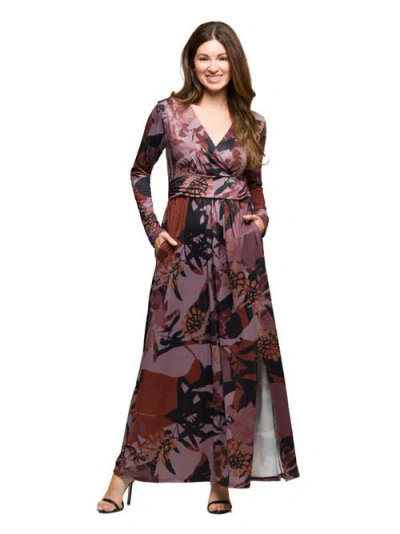 24seven Comfort Apparel Women's Gray Floral Print Long Sleeve Wrap Maxi Dress In Brown