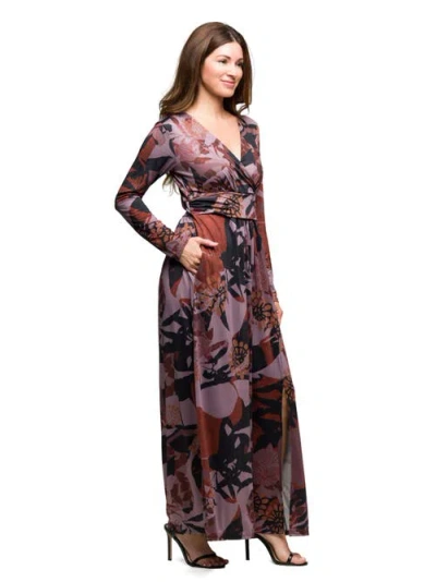 24seven Comfort Apparel Women's Gray Floral Print Long Sleeve Wrap Maxi Dress In Brown