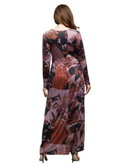 24seven Comfort Apparel Women's Gray Floral Print Long Sleeve Wrap Maxi Dress In Brown