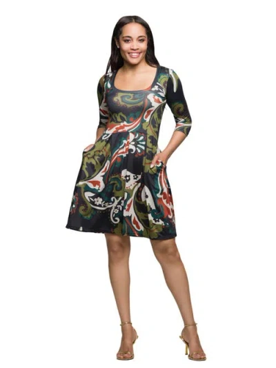 24seven Comfort Apparel Three Quarter Sleeve Fit And Flare Dress In Multi