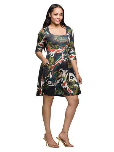 24seven Comfort Apparel Three Quarter Sleeve Fit And Flare Dress In Multi