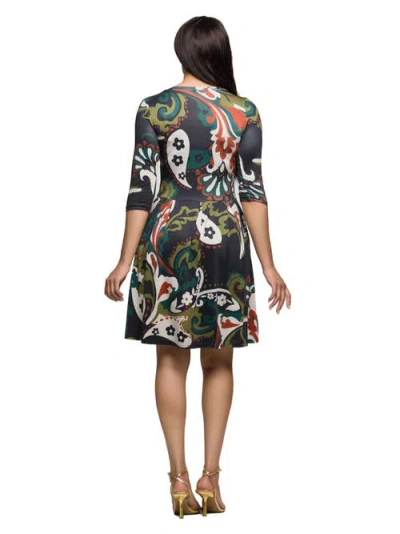 24seven Comfort Apparel Three Quarter Sleeve Fit And Flare Dress In Multi