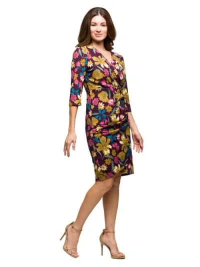 24seven Comfort Apparel Women's Floral Print Faux Wrap Dress In Multi