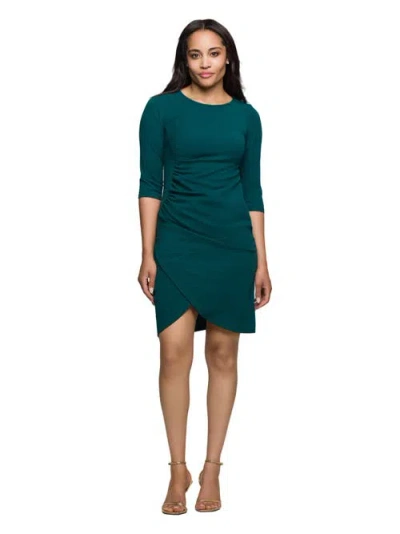 24seven Comfort Apparel Women's Three Quarter Sleeve Ruched Tulip Hem Mini Dress In Green