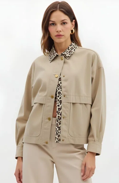 Modenaire Cropped Utility Jacket With Leopard Collar In Brown