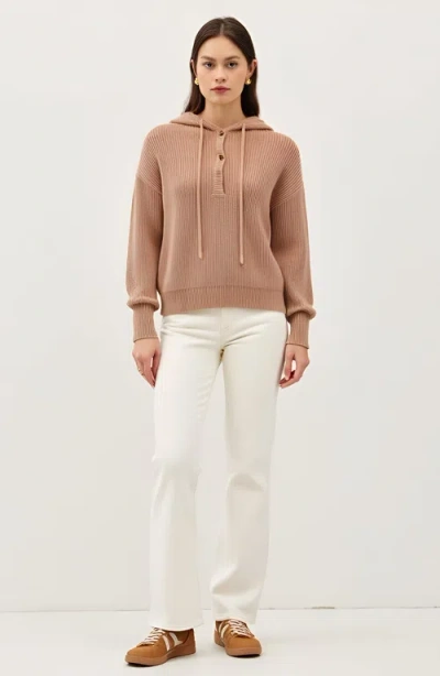 Modenaire Knit Button Front Hoodie With Ribbed Hem And Drop Shoulders In Brown