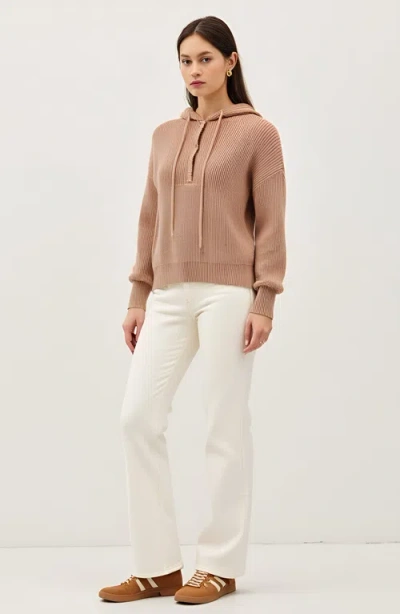Modenaire Knit Button Front Hoodie With Ribbed Hem And Drop Shoulders In Brown