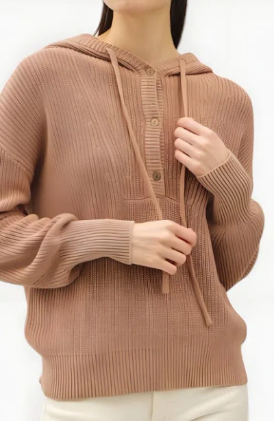 Modenaire Knit Button Front Hoodie With Ribbed Hem And Drop Shoulders In Brown
