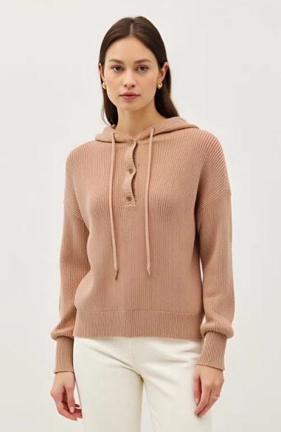 Modenaire Knit Button Front Hoodie With Ribbed Hem And Drop Shoulders In Brown
