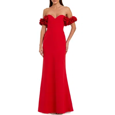 Mac Duggal Off-the-shoulder Crepe Gown With 3d Floral Applique In Red