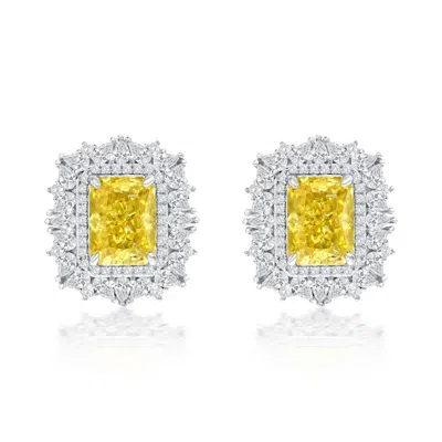 Suzy Levian Sterling Silver Gala Firework Emerald Cut Yellow & White Cubic Zirconia Cluster Earrings In Metallic