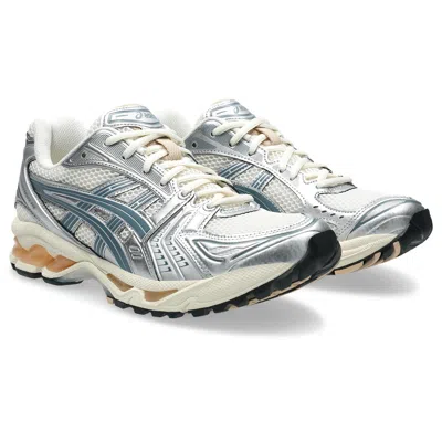 Asics Beige Mesh Sneakers With Metallic Silver Overlays And Teal Accents In Gray