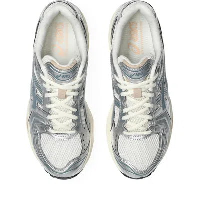 Asics Beige Mesh Sneakers With Metallic Silver Overlays And Teal Accents In Gray