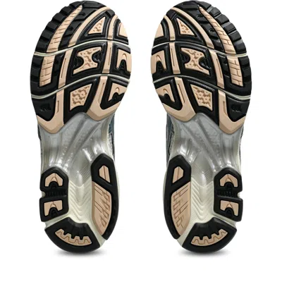 Asics Beige Mesh Sneakers With Metallic Silver Overlays And Teal Accents In Gray