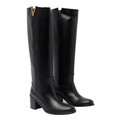 Via Roma 15 Black Knee-high Boots With Cut-out On The Side And Logo Plaque In Leather Woman In Black