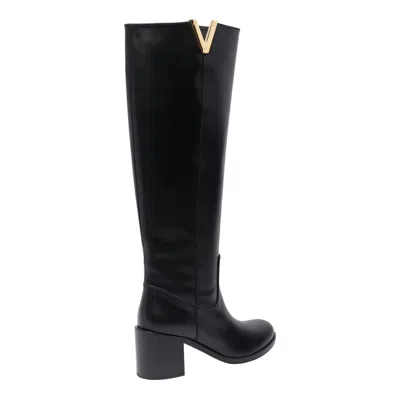Via Roma 15 Black Knee-high Boots With Cut-out On The Side And Logo Plaque In Leather Woman In Black