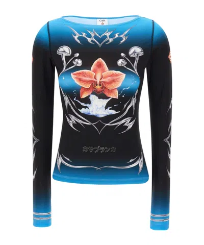 Casablanca Graphic-print Slinky Jersey Long-sleeve Blouse In Blue