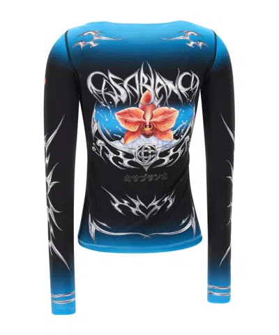 Casablanca Graphic-print Slinky Jersey Long-sleeve Blouse In Blue