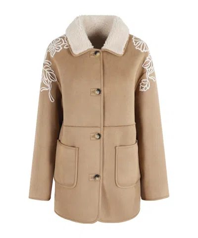 Ermanno Firenze Suede Camel Sheepskin Coat With Teddy Collar In Brown