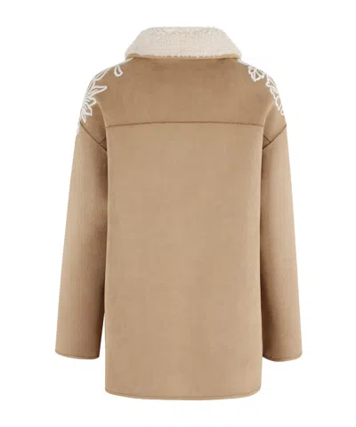 Ermanno Firenze Suede Camel Sheepskin Coat With Teddy Collar In Brown