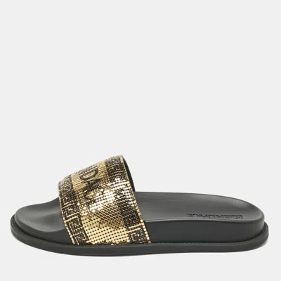 Pre-owned Fendi X Versace Gold/black Metal Mesh Pool Slides Size 38
