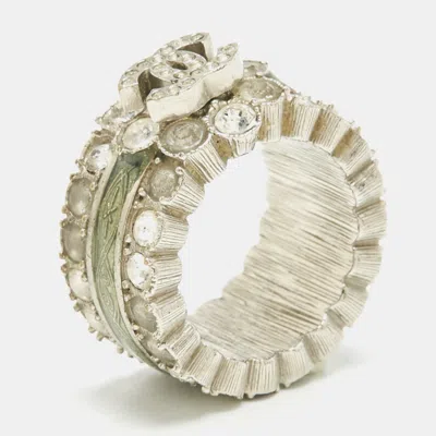 Pre-owned Chanel Cc Enamel Crystals Silver Tone Ring Size 52.5