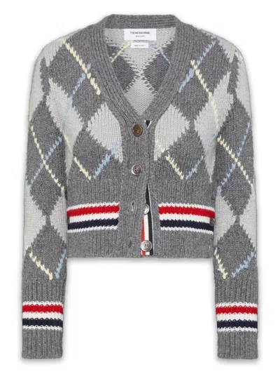 Thom Browne Argyle Intarsia Shrunken Virgin Wool Blend Cardigan In Gray
