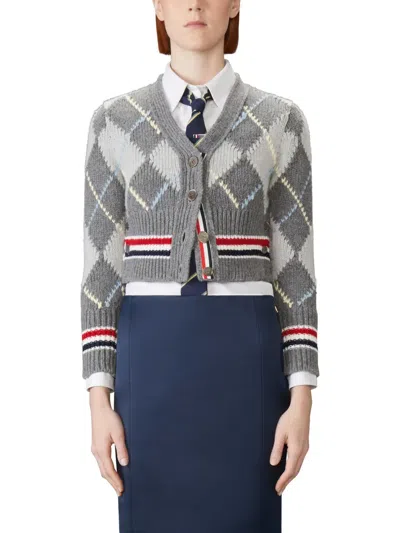 Thom Browne Argyle Intarsia Shrunken Virgin Wool Blend Cardigan In Gray