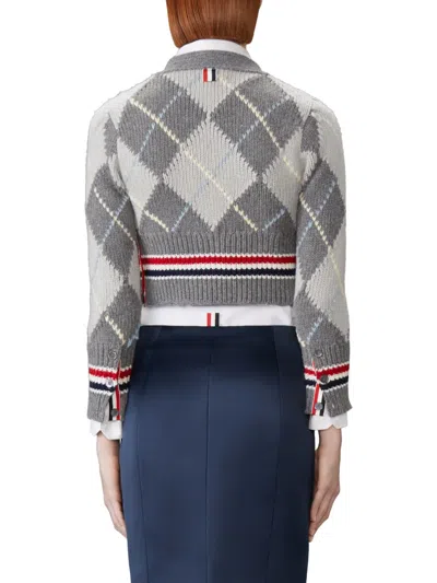 Thom Browne Argyle Intarsia Shrunken Virgin Wool Blend Cardigan In Gray